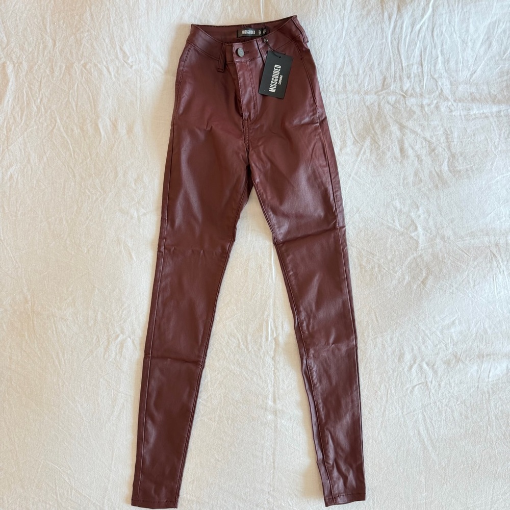 MISSGUIDED burgundy high waisted faux leather coated skinny jean pants